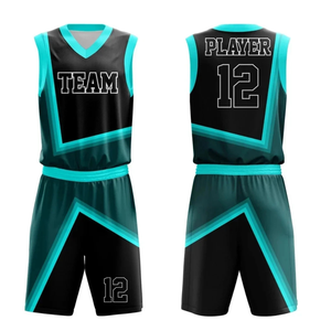 Conjunto de Uniforme de Baloncesto Sublimado Personalizado, Negro y Verde Azulado, Cuello en V, Sin Mangas, Absorbe la Humedad, Unisex para Adultos, Ropa de Equipo - Product Image 1