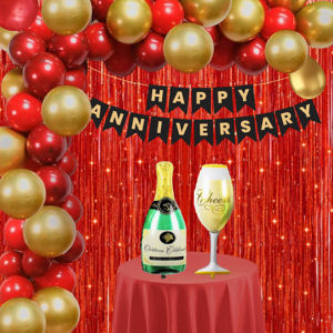 Kit Combinado Rojo Premium de Aniversario Feliz |   45 globos metálicos rojos dorados |   Globo de aluminio con forma de botella de champán y copa de vino - Product Image 1