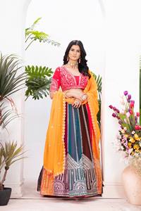 Stylish Indian <b>Designer</b> <b>Lehenga</b> With Embroidered Organza And Tulle V-Neck Short Sleeve A-Line Floor-Length Bohemian Ethnic Wear - Product Image 2
