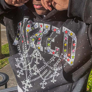 Sweat-shirt à capuche oversize pour homme, style streetwear, avec étoiles en strass et cristaux, 350 GSM, coton et polyester, mode Y2K - Product Image 5