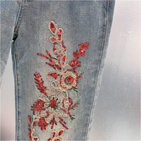 Jeans rétro taille haute pour femmes Style décontracté ample avec broderie de fleurs à paillettes