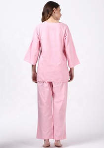 Pijama rosa de algodón puro transpirable suave para mujer, ropa de salón hasta el suelo con cintura elástica y bolsillos, diseño de corbata tejida - Product Image 4