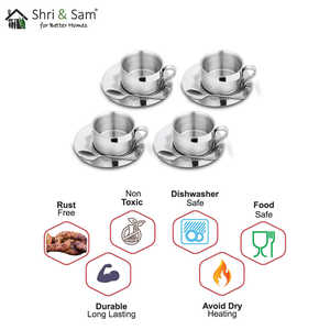 4 PCS Tasses à thé et soucoupes en acier inoxydable à double paroi Set Impression initiale avec laser pour servir le thé - Product Image 3