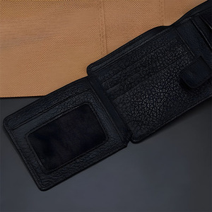 Bifold Coin Pocket <b>Black</b> Leather <b>Wallet</b> <b>Men</b> Internal Snap Strap Mesh ID Window Side Flip Cardslots Daily Classic Useful Standard - Product Image 3