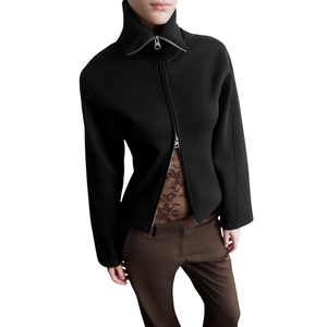 Custom Women's <b>Black</b> Full Zip Sweatshirt <b>Long</b> <b>Sleeve</b> Slim <b>Cropped</b> Jacket Stand Collar Plain Casual Top Wholesale Custom Clothing - Product Image 1