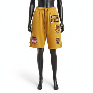 Short de basketball en molleton de coton premium 320 GSM jaune moutarde avec patch chenille et badge tissé, logo personnalisé - Product Image 6