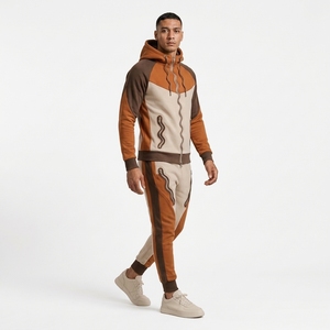Conjunto Deportivo de Forro Polar Térmico para Hombre, Color Marrón Beige con Bloques de Color, Bordado Personalizado, Sudadera con Capucha, Ropa Deportiva para Exteriores - Product Image 3