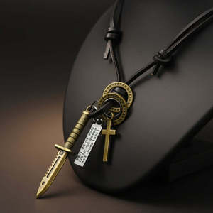 Fashion Pendant Necklace 2.5-Inch Pure Stainless Steel Knight Golden Sword with Adjustable Leather Rope for Men & Boys - Product Image 6