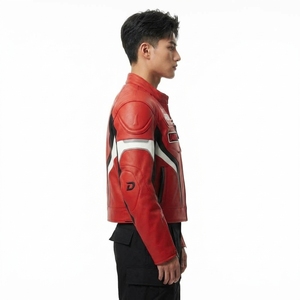 เสื้อแจ็คเก็ตหนังสีแดงสดดำแบบ Colorblock สำหรับผู้ชาย รุ่น Redline Zero Nine สไตล์นักแข่งรถมอเตอร์ไซค์สุดเท่ - Product Image 3