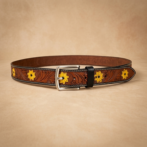 Ceinture équestre en cuir marron avec embossage floral et clous turquoise, boucle argentée - Product Image 3