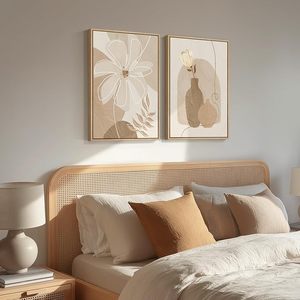 Décoration Murale Florale Bohème Neutre Faite à la Main Encadrée pour Chambre à Coucher, Ensemble de 2 Vases à Fleurs Beige, Impression UV sur Toile Minimaliste Bohème - Product Image 2