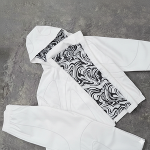 Ensemble de survêtement unisexe blanc à capuche, manches longues, imprimé géométrique, séchage rapide, coupe sportive régulière, léger, en polyester, pour le printemps - Product Image 1