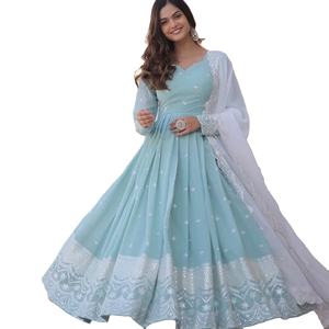 Robe Anarkali de créateur dernier cri en fausse georgette brodée, costume à motifs imprimés pour femmes, robe de mariage en organza pour adultes - Product Image 1