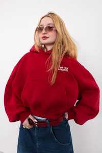 Hoodie rouge oversize à manches lanternes, poche kangourou, logo brodé sur le devant, 100% coton, 400 grammes, doublure respirante avec lettres. - Product Image 6