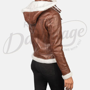 Chaqueta con Capucha de Cuero Genuino Marrón para Mujer, con Ribete de Piel Sintética Blanca, Corte Ajustado, Piel de Oveja Premium, Abrigo de Invierno Estilo Biker, a la Moda - Product Image 2