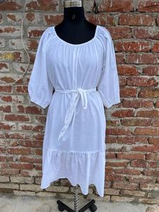 Robe longue en coton blanc pour femme, style bohème à manches longues avec col rond brodé, imprimé décontracté et ceinture à l'épaule - Product Image 2