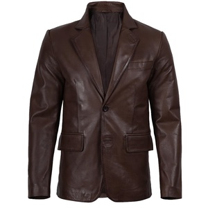 Blazer d'hiver pour homme en cuir véritable marron, coupe ajustée, col rabattu, doublure Sherpa coupe-vent, logo frontal, 300g - Product Image 2