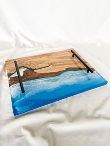 Handcrafted Ocean Wave Epoxy Resin Wooden <b>Serving</b> <b>Tray</b> with Metal Handles Luxury Design Wedding Gift <b>Gold</b> - Product Image 2