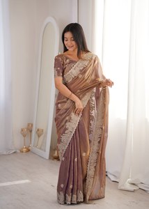 Women's Olive <b>Green</b> <b>Silk</b> Saree With Zari Embroidery And Hotfix Work Traditional Wedding Wear India Pakistan Style - Product Image 2