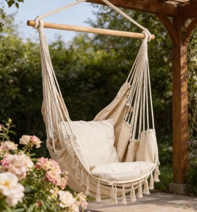 Fauteuil suspendu en macramé avec coussins, balançoire bohème, siège hamac intérieur/extérieur - Product Image 2