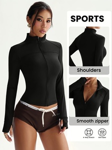 Black White Piping Breathable Women Yoga <b>Jacket</b> Slim Fit Long Sleeve Mock Neck Full Zip Front Logo Athletic <b>Workout</b> Gym Wear Top - Product Image 5
