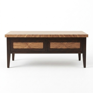 Table basse rectangulaire en bois massif de style rustique moderne avec plateau en parquet incrusté, cadre en bois brun foncé, table d'appoint pour salon - Product Image 1