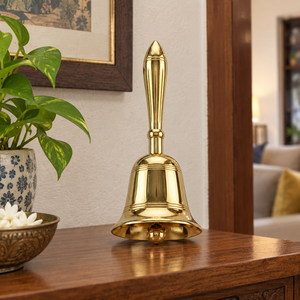 Campana de mano de latón ornamentada con mango decorativo para rituales de templo hindú y ceremonias religiosas festivas - Product Image 2