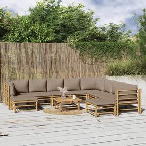 Set salotto con Patio da 11 pezzi con cuscini color tortora e mobili da giardino Premium in bambù per vivere all'aperto - Product Image 1