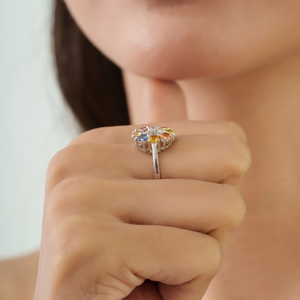 Bague grappe de fleurs en argent 925 plaqué rhodium, saphir multicolore taille diamant, sertie à griffes, style classique, pour femme, usage quotidien - Product Image 4
