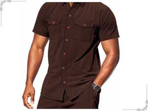 Men's Olive Green Striped <b>Short</b> Sleeve Shirt & <b>Shorts</b> Set Casual Breathable 100% Cotton Regular Fit Summer Outfit - Product Image 2