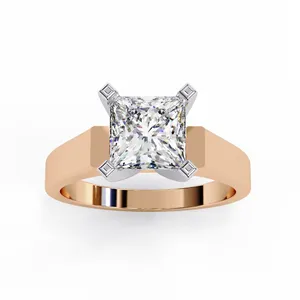 Bague solitaire en diamant de laboratoire taille radiant 1 carat, sertie à quatre griffes, tige conique, bijoux de mariée modernes, options personnalisées en or - Product Image 1