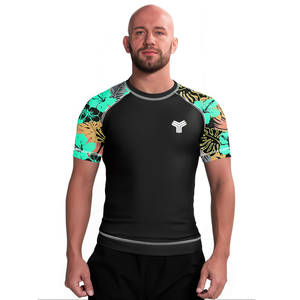 เสื้อรัดกล้ามเนื้อแขนสั้นสำหรับผู้ชาย สีดำ ลายดอกไม้เขตร้อน แขนเสื้อลายดอกไม้ เหมาะสำหรับออกกำลังกาย ฟิตเนส และการฝึกซ้อม - Product Image 3