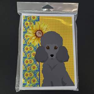 Whimsical Summer Sunflowers Grey Poodle Tarjetas de felicitación Pack 8 A7 Tamaño 5x7 Tarjetas de notas en blanco con sobres para notas personalizadas - Product Image 3