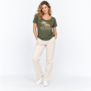 T-shirt en coton vert pour femme Palm Springs Weekend Club, col rond, manches courtes, coupe décontractée, imprimé jersey, printemps-été - Product Image 1