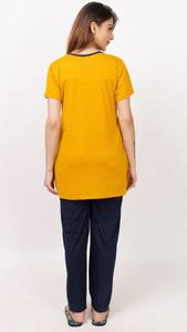 Ensemble pyjama en coton pour femmes, manches courtes, col imprimé, motif géométrique, haut jaune, pantalon bleu marine, taille élastique, vêtements de nuit décontractés - Product Image 6