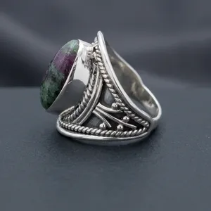 925 Sterling Silver Ruby Zoisite Gemstone Ring Handmade Oval Stone Bezel Set Bohemian Geometric Design Unisex Everyday Wear - Product Image 5