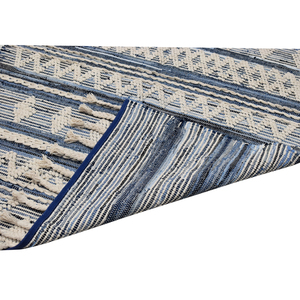 Handwoven 9x12 Blue Beige Flatweave <b>Rug</b> with Raised <b>Tufted</b> Geometric Stripes and Fringe for Hallway - Product Image 6