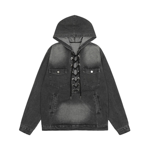 Sweat-shirt à capuche en denim unisexe, style rétro américain, délavé et vieilli, avec design de sangles tendance - Product Image 2