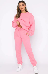 Conjunto Deportivo de Algodón Azul para Mujer, Cuello Redondo, Manga Larga, Corte Holgado, Color Sólido, Pantalones con Cordón, Ropa Casual de Otoño - Product Image 2