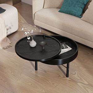 Modern Round Wood Coffee <b>Table</b> with Metal Legs Rotating <b>Tray</b> Storage - Product Image 1