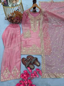 TENNECY Launching Designer Party Wear Nc Moss Silk <b>Top</b> Farshi Palazzo Dupatta Set Embroidery 5mm Sequences Stretchable - Product Image 6