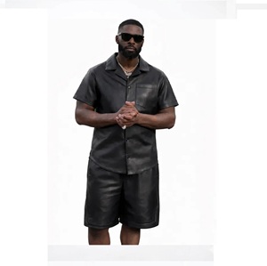 Men's Leather Color-Block Set Black Red <b>White</b> Bomber <b>Jacket</b> & Shirt Shorts Genuine Leather <b>Waterproof</b> Breathable Winter Outfit - Product Image 2