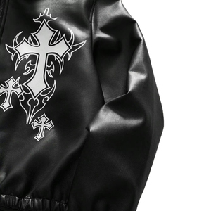 Blouson Bomber Gothique en Cuir PU pour Homme, Col Rabattu, Fermeture Éclair, Motif Croix Brodé sur le Devant, Idéal pour l'Automne - Product Image 4
