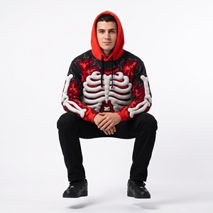 Sudadera con Capucha Unisex Dumela, Diseño Gótico con Esqueleto en Relieve Digital, Corte Holgado, 100% Algodón, Patrón Rojo y Negro, Ropa de Invierno - Product Image 2