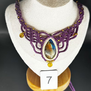 Labradorite Macrame Choker <b>Necklace</b> Purple Thread Oval Gem Boho Handmade <b>Statement</b> Jewelry for Women - Product Image 1