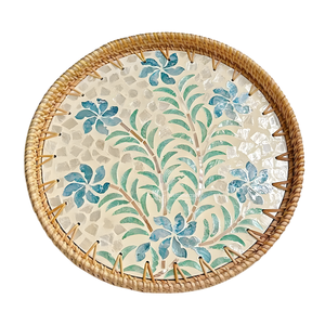 Bandeja Redonda Tejida de Ratán con Base de Incrustaciones de Madreperla Floral Azul, Bandeja Decorativa con Mosaico de Conchas para Mesa de Centro y Decoración del Hogar - Product Image 1