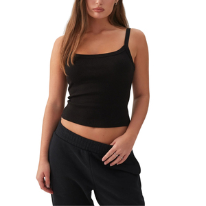 Top Corto de Punto Acanalado con Cuello Cuadrado para Mujer, Camisola sin Mangas, Color Negro Sólido, Estilo Casual, 100% Algodón, OEM ODM - Product Image 4