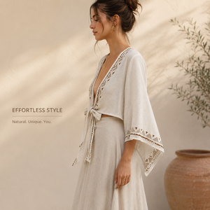 Shrug en coton à nouer devant |   Kimono Cardigan Bohème Imprimé à la Main pour Femme, Manches Cloche, Idéal pour l'Été, la Plage, les Festivals et les Vacances - Product Image 3