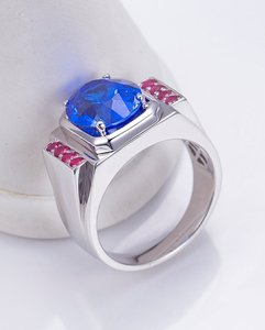 Square <b>Emerald</b> Cut Blue Center Stone Rose Gold Plated 925 <b>Silver</b> <b>Ring</b> Red Side Stone Vintage Statement Band Daily Wear - Product Image 2