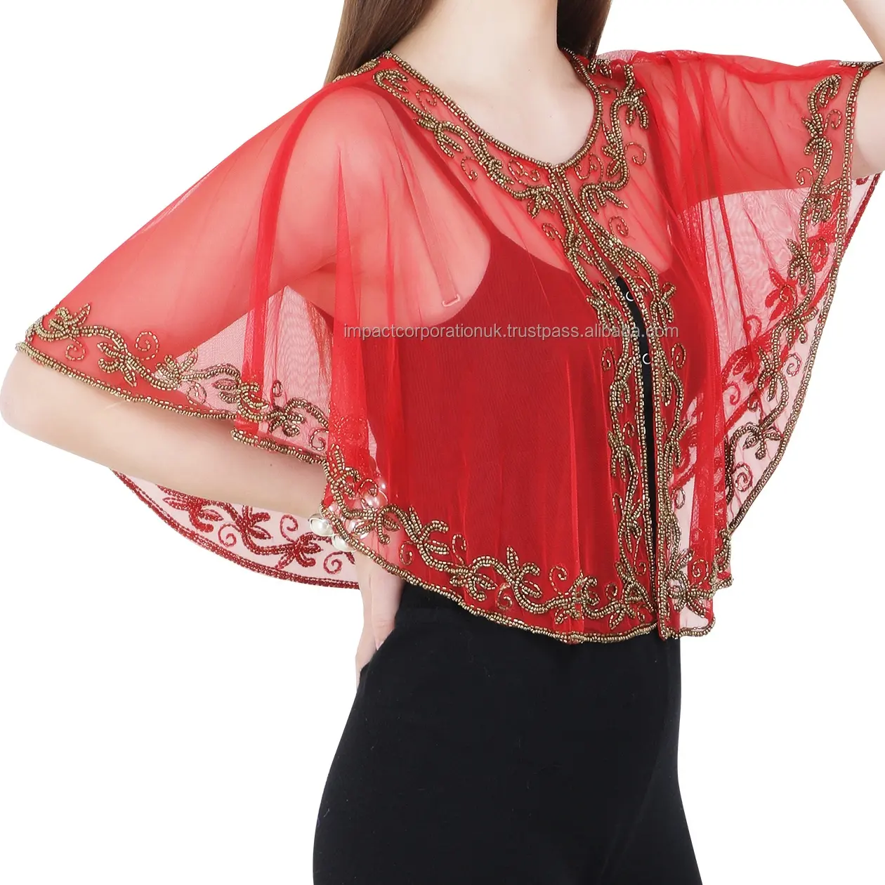 Poncho de tela de red suave para mujer, con diseños de bordado superior, con cuentas doradas, trabajo exclusivo, última Red, corto, Poncho/top/encogimiento de hombros